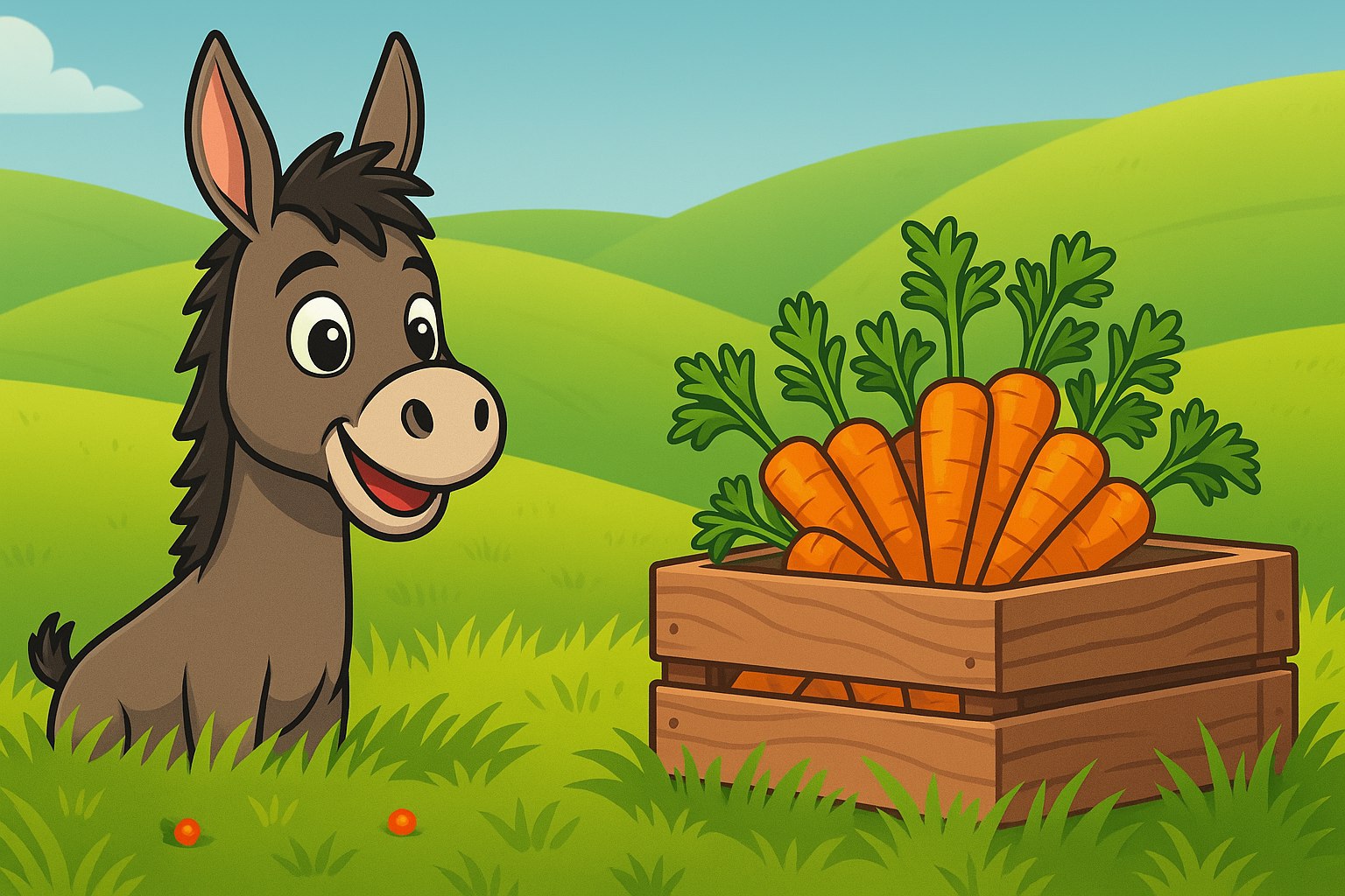 Happy gray donkey in green pastoral countryside with carrot crate