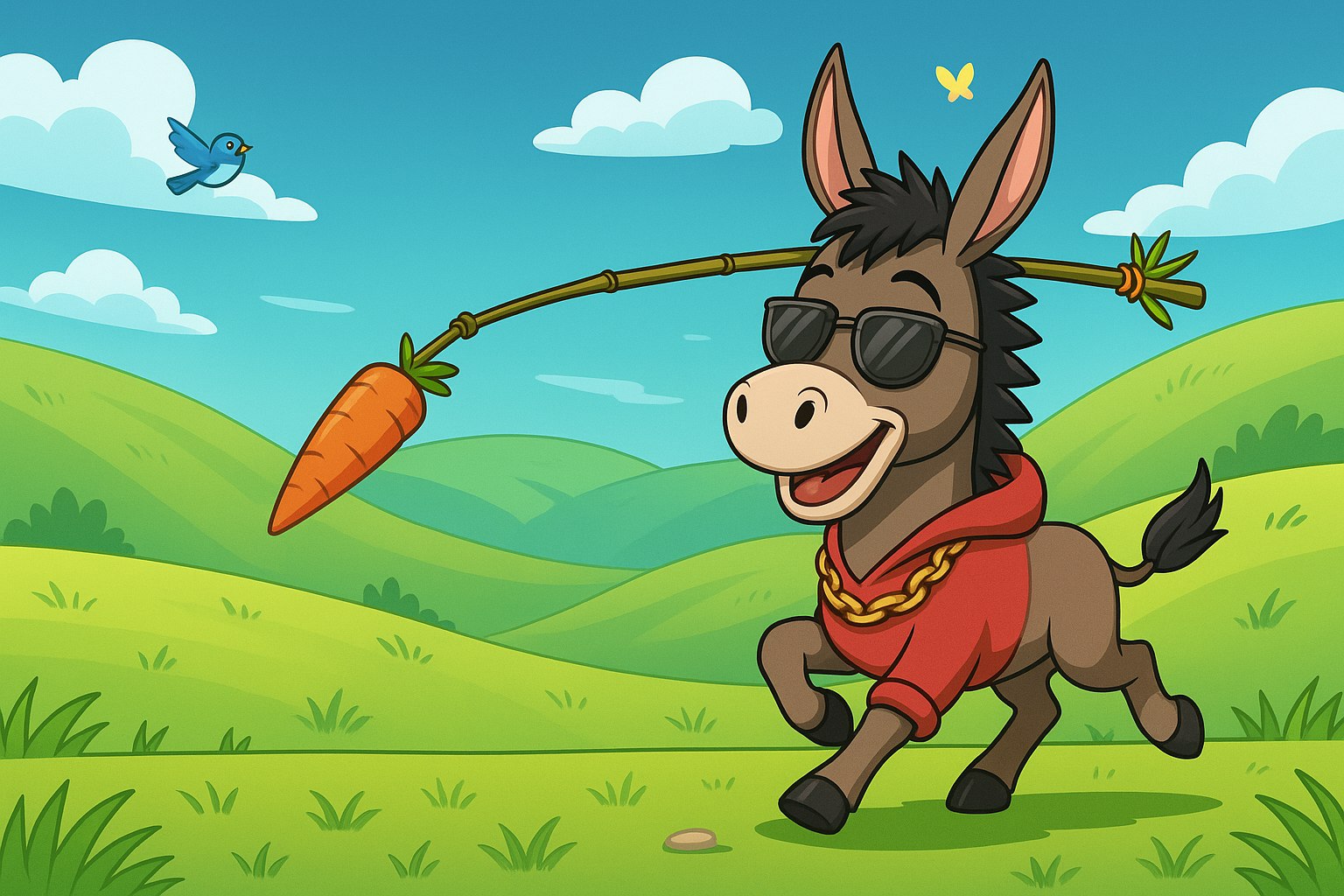 Donkey chasing carrot tied to its own head in countryside